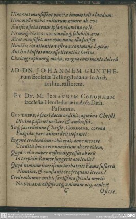 Ad Dn. Johannem Guntherum Ecclesiae Tellingstedanae in Arct. Dithm. Pastorem. Et Dn. M. Johannem Coronaeum Ecclesiae Henstedanae