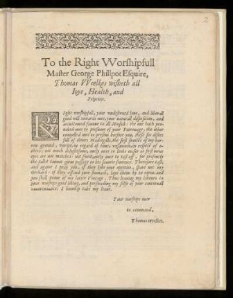 Dedikation an George Phikkpot Esquire von Thomas Weelkes