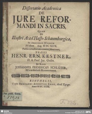 Dissertatio Academica De Iure Reformandi In Sacris