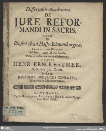Dissertatio Academica De Iure Reformandi In Sacris