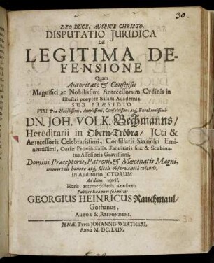 Disputatio Iuridica De Legitima Defensione
