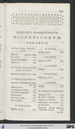 Elenchus Fragmentorum Historicorum Veterum.