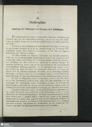 III. Studienpläne und Anordnung der Vorlesungen und Uebungen nach Abtheilungen