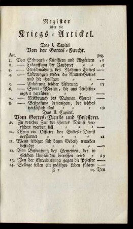 Register über die Kriegs-Artickel