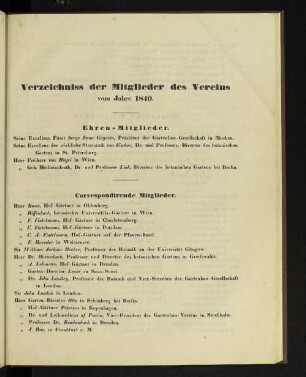 Verzeichniss der Mitglieder des Vereins vom Jahre 1840.