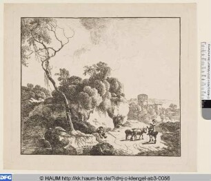 Zwei Männer mit Esel und Rindern in einer Landschaft