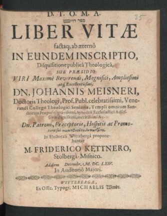 [...] Liber Vitae factaq[ue] ab aeterno In Eundem Inscriptio