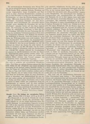 281-282 [Rezension] Howald, Ernst, Die Anfaenge der europaeischen Philosophie