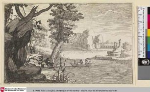 [Flusslandschaft mit einigen Personen und einem Hund die in einem Boot rudern]