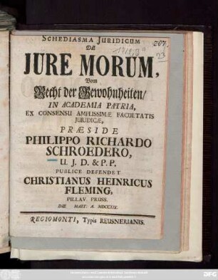 Schediasma Juridicum De Jure Morum, Vom Recht der Gewohnheiten