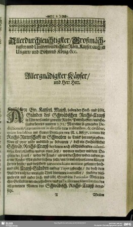 Allerdurchleuchtigster ... Röm. Kayser, auch zu Ungarn, und Böheimb König, & c. Allergnädigster Käyser, und Herr Herr
