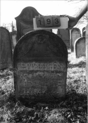 Grabstein 193 (Index: 100116360) Material: Sandstein Zustand: teilweise stark verwittert mit Textverlust Maße HxBxT: 84x56x14 cm Beschreibung: Stele mit Rundbogenabschluß, eingetieftes Schriftfeld Symbolik: Blüte, Ranken Besonderheit: Kindergrab: Grabstein 193