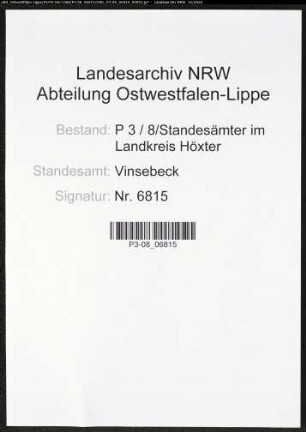 Sterberegister Standesamt Vinsebeck