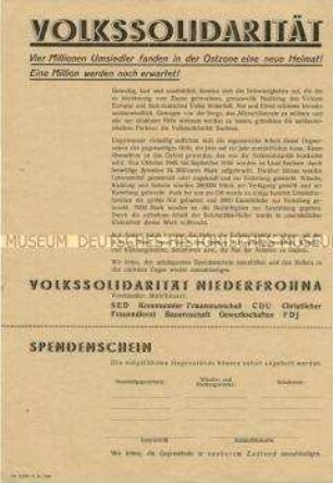 Propagandaflugblatt zur Arbeit der Volkssolidarität in Sachsen und Aufruf des Ortsausschusses Niederfrohna zur Kleider-, Schuh- und Sachspende
