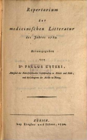 Repertorium der medicinischen Litteratur : des Jahres .... 1789, 1789