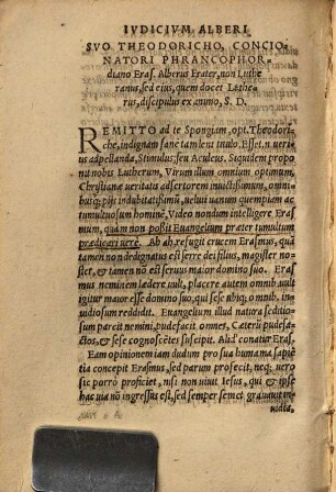 Iudicium Erasmi Alberi, de Spongia Erasmi Roterod. adeoque, quatenus illi conveniat cum M. Lutheri doctrina