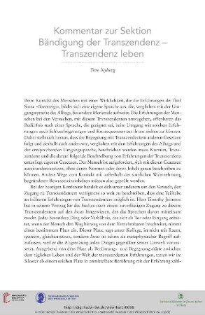 Kommentar zur Sektion Bändigung der Transzendenz – Transzendenz leben