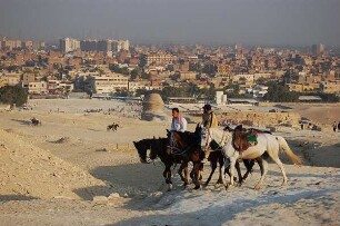 Kairo - Pferdebesitzer an den Pyramiden : Pferdebesitzer warten mit ihren Tieren am Rande der Pyramiden von Gizeh auf Touristen, die reiten möchten, Hintergrund: Kairo, aufgenommen 2006