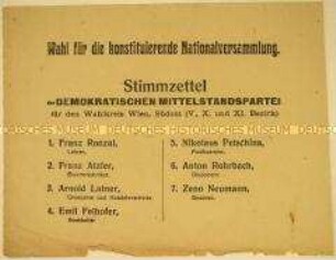 Stimmzettel für die Wahl der konstituierenden Nationalversammlung im Wahlkreis Wien