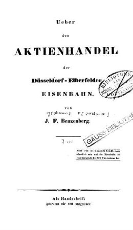 Ueber den Aktienhandel der Düsseldorf-Elberfelder Eisenbahn