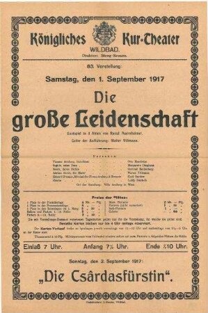 Theaterzettel des Kurtheaters Wildbad (Direktion Steng-Krauss) für "Die große Leidenschaft" von Raoul Auernheimer
