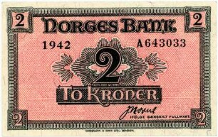 Geldschein, 2 Kroner, 1942