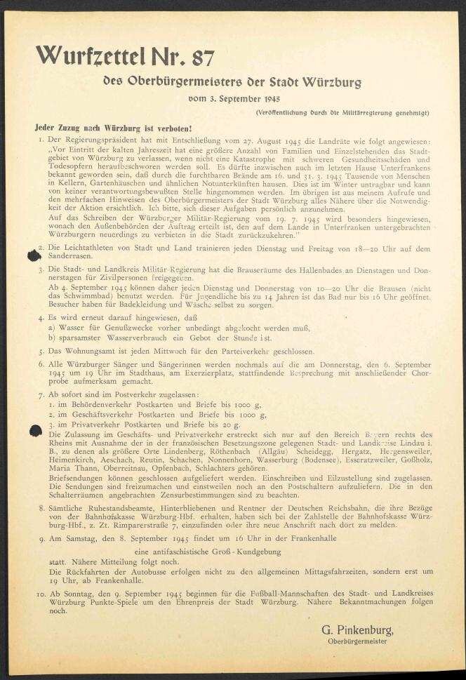 Wurfzettel Nr. 87 des Oberbürgermeisters der Stadt
                              Würzburg | Digitalisierung: Stadtarchiv Würzburg