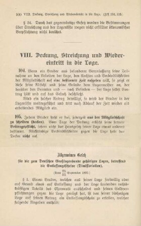 VIII. Deckung, Streichung und Wiedereintritt in die Loge