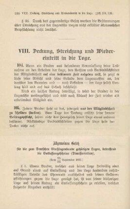 VIII. Deckung, Streichung und Wiedereintritt in die Loge
