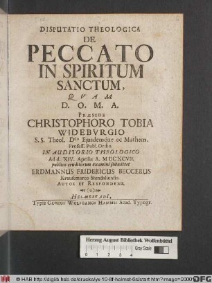 Disputatio Theologica De Peccato In Spiritum Sanctum