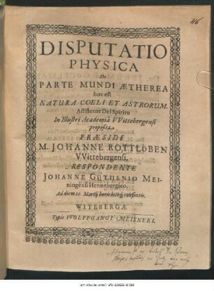Disputatio Physica De Parte Mundi Aetherea hoc est Natura Coeli Et Astrorum