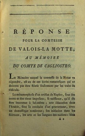 Réponse pour la Comtesse de Valois-La-Motte au Mémoire du Comte de Cagliostro
