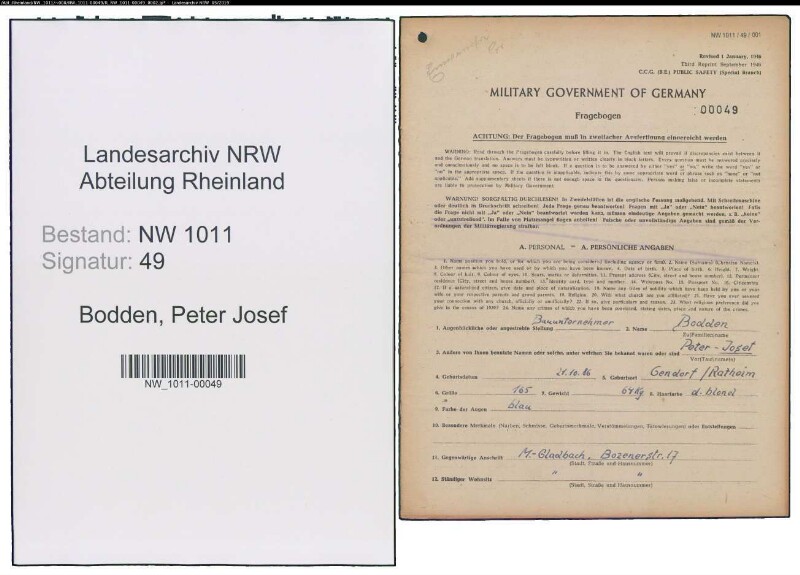 Entnazifizierung Peter Josef Bodden , geb. 21.10.1886 (Bauunternehmer)