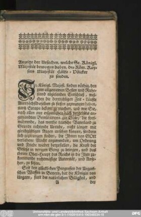 Anzeige der Ursachen, welche Se. Königl. Majestät bewogen haben, des Röm. Kaysers Majestät Hülfs-Völcker zu senden.