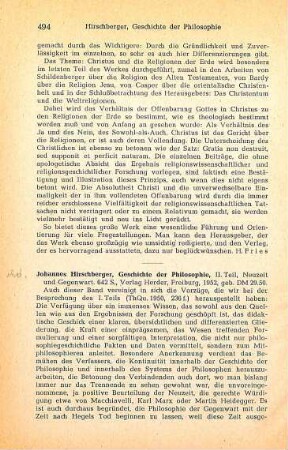494-495 [Rezension] Hirschberger, Johannes, Neuzeit und Gegenwart