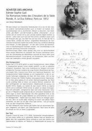 Schätze des Archivs - Edmée Sophie Gail: Six Romances tirées des Chevaliers de la Table Ronde