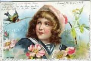 Grußkarte mit Mädchen und Vogel
