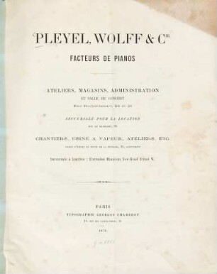 Pleyel, Wolff & Cie, facteurs de pianos : (Geschäftskatalog.)