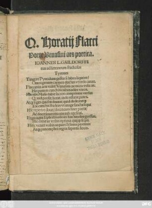 Q. Horatij Flacci || Poete Venusini ars poetica.|| ... ||
