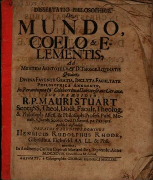 Diss. de mundo, coelo et elementis