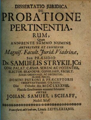 Dissertatio Juridica [Iuridica] De Probatione Pertinentiarum