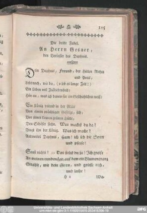 Die dritte Fabel. An Herrn Gesner, den Verfasser des Daphnis.