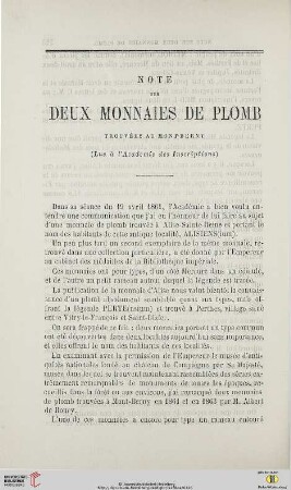 N.S. 10.1864: Note sur deux monnaies de plomb trouvées au Mont-Berny : (lue à l'Académie des Inscriptions)