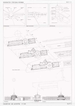 Revitalisierung des Hamburger Hafens Schinkelwettbewerb 1989: Ocean-Service-Center: Grundrisse und Ansichten 1:500