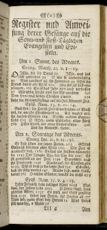 Register und Anweisung derer Gesänge auf die Sonn- und Fest-Täglichen Evangelien und Episteln.