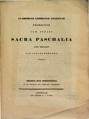 (Programma quo) Academia Georgia Augusta Prorector cum Senatu Sacra paschalia anni 1854 pie concelebranda indicunt
