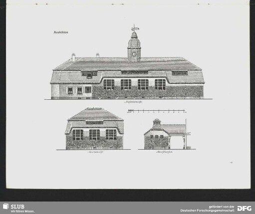 Ansichten [Straßen- und Seitenansicht] der Schule der Gemeinde Neu-Eibau, Oberlausitz