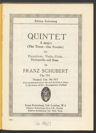 Quintet A major : (The Trout - Die Forelle) : for pianoforte, violin, viola, violoncello and bass : op. 114