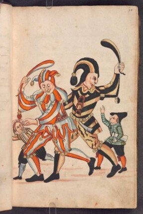 Narren mit Keulen (?) und Kindern