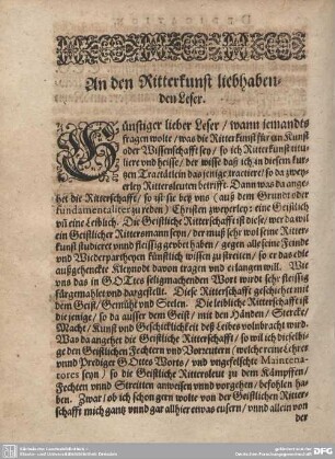 An den Ritterkunst liebhabenden Leser.